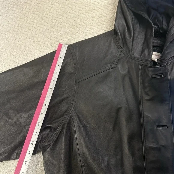 Black Leather Trench Coat 3XL 90s Goth Biker Duster Hooded Fantasy Matrix Neo - Picture 11 of 16